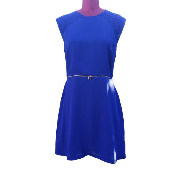Sandro Paris Dress 8 Blue Chiffon Crew Neck Cap Sleeves Zipper Waist Short